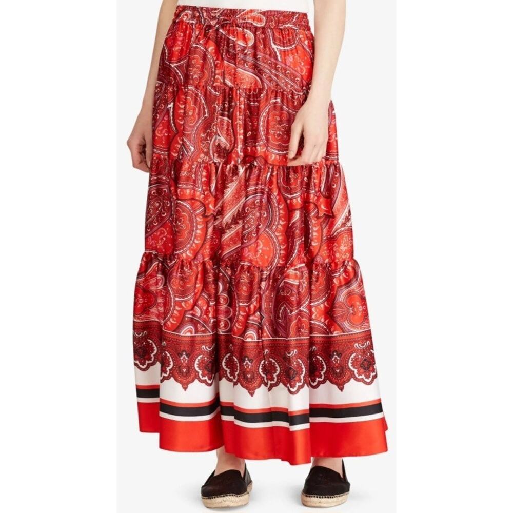 Vintage Lauren Ralph Lauren Red Tiered Paisley Boho Maxi Skirt Size L NWOT
